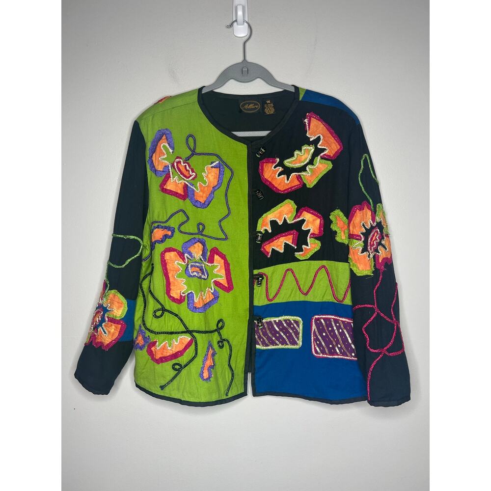 VTG Allure Women's 1X Patchwork Embroidered Jacket Artsy Flax Lagenlook 3D